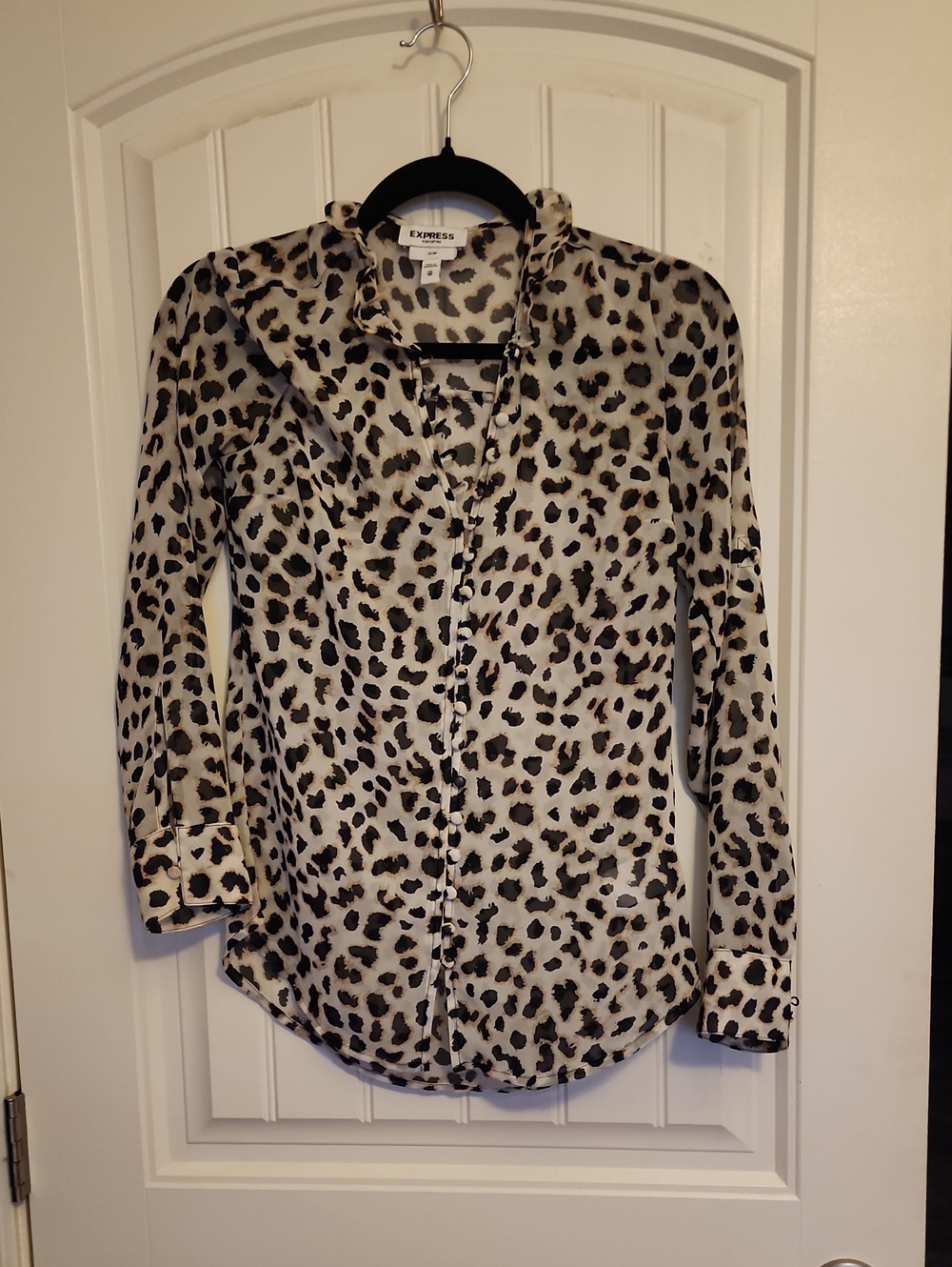 Express Leopard Print Button-Down Shirt - Cream and Black Sheer